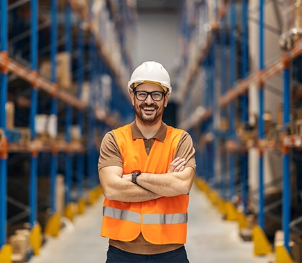 Man met oranje veiligheidshesje en veiligheidshelm staat in een warehouse. Hij heeft zijn armen over elkaar en kijkt lachend in de camera
